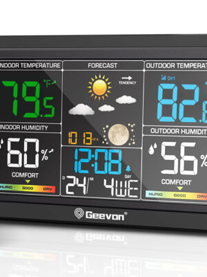 Geevon Weather Station Wireless Indoor Outdoor Thermometer, Color Display Digital Weather Thermometer with Atomic Clock, Barometric Pressure, Calendar, USB Charge, and Backlight