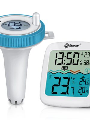 Geevon Digital Pool Thermometer Large-Size Thermometer with Backlit Display Temperature Monitor for Hot Tubs/Ice Baths/Pools/SPA/Aquariums/Ponds Spring & Summer Kit Early Warning Display Time Display with Alarm Function  12/24-Hour Format Switch