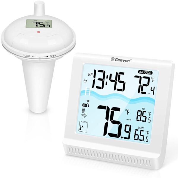 Geevon Digital Pool Thermometer Floating Easy Read, Remote Digital Pool Thermometer Wireless with High & Low Alert, 4.9" Large Display and 10S Backlit for Swimming Pool, Bath Water, Spas and Hot Tubs