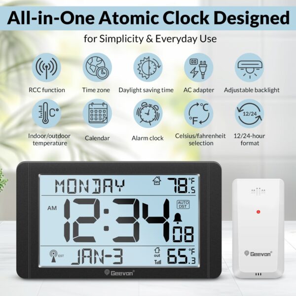 Geevon 10.8'' Atomic Clock with Indoor Outdoor Temperature, Large  Display Digital Wall Clock with Wireless Sensor,  for Bedroom, Office, Kitchen, Living Room, Easy for Seniors to Read
