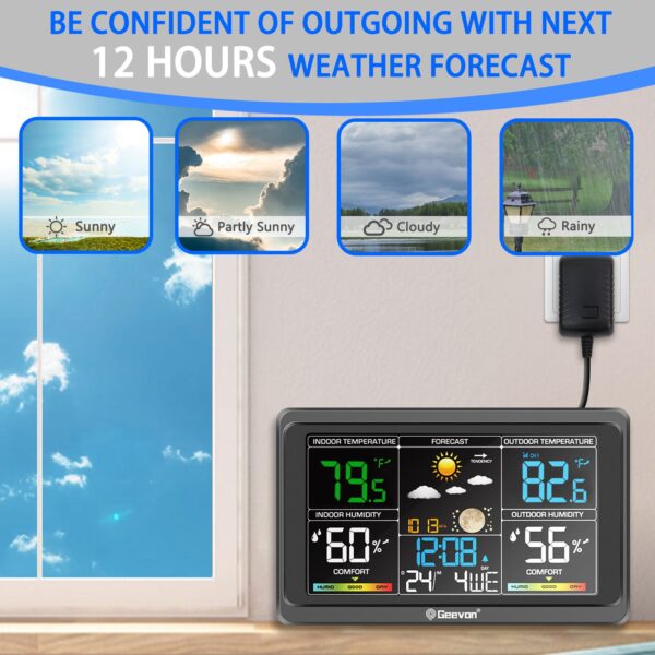 Geevon Weather Station Wireless Indoor Outdoor Thermometer, Color Display Digital Weather Thermometer with Atomic Clock, Barometric Pressure, Calendar, USB Charge, and Backlight