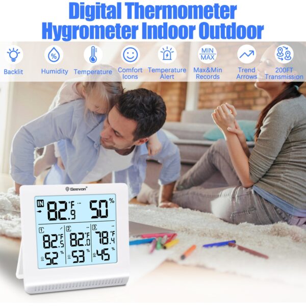Geevon Indoor Outdoor Thermometer Wireless with 3 Remote Sensors, Wireless Thermohygrometer, Digital Temperature Humidity Meter with Backlight, 200FT/60M Transmission